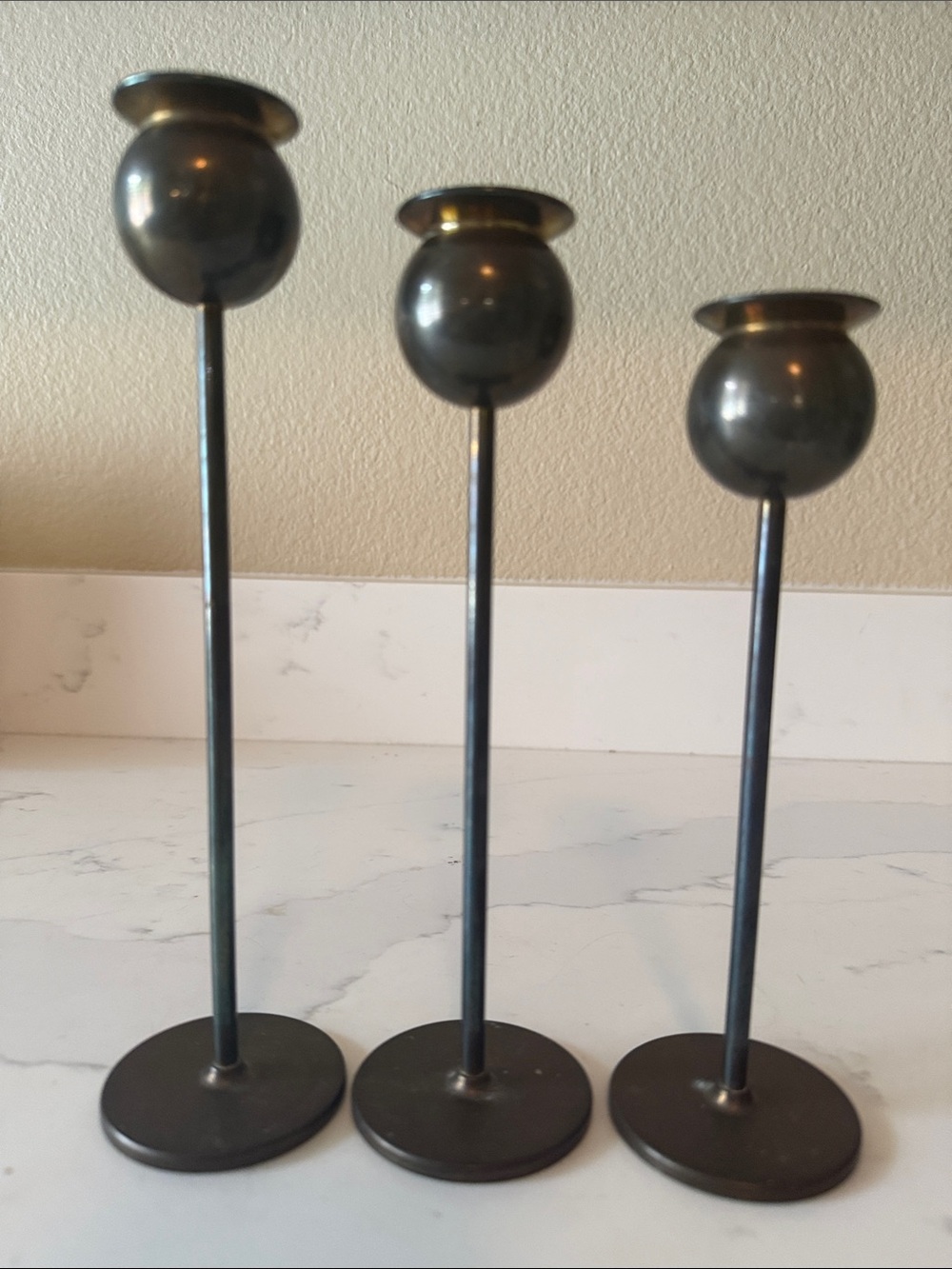 Mid Century Skultuna oxidized Brass Tulip Candle Holders Signed Set of 3 - Picture 7 of 7